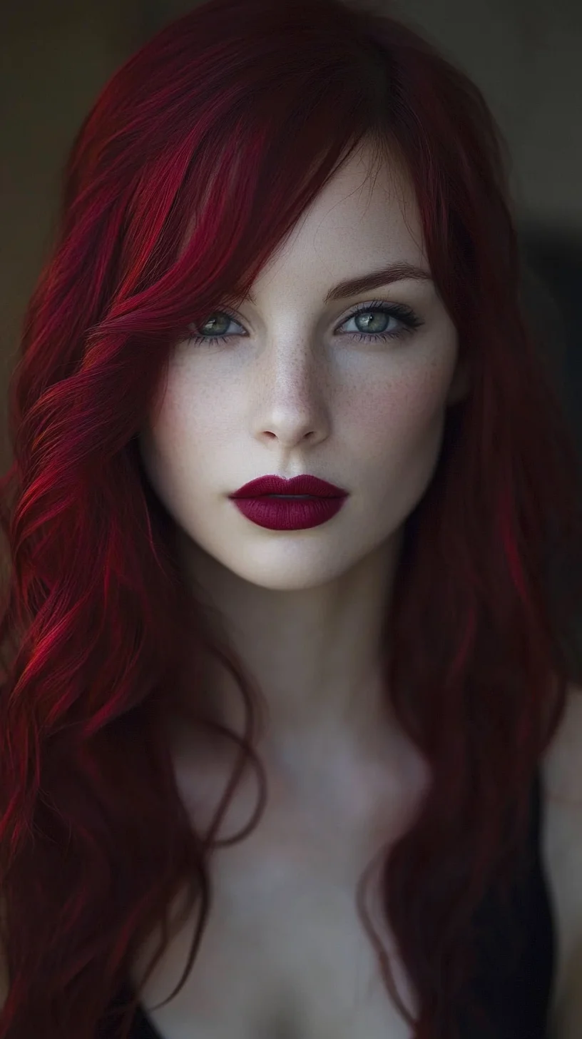 Bold and Beautiful: The Stunning Red Waves with Side-Swept Bangs