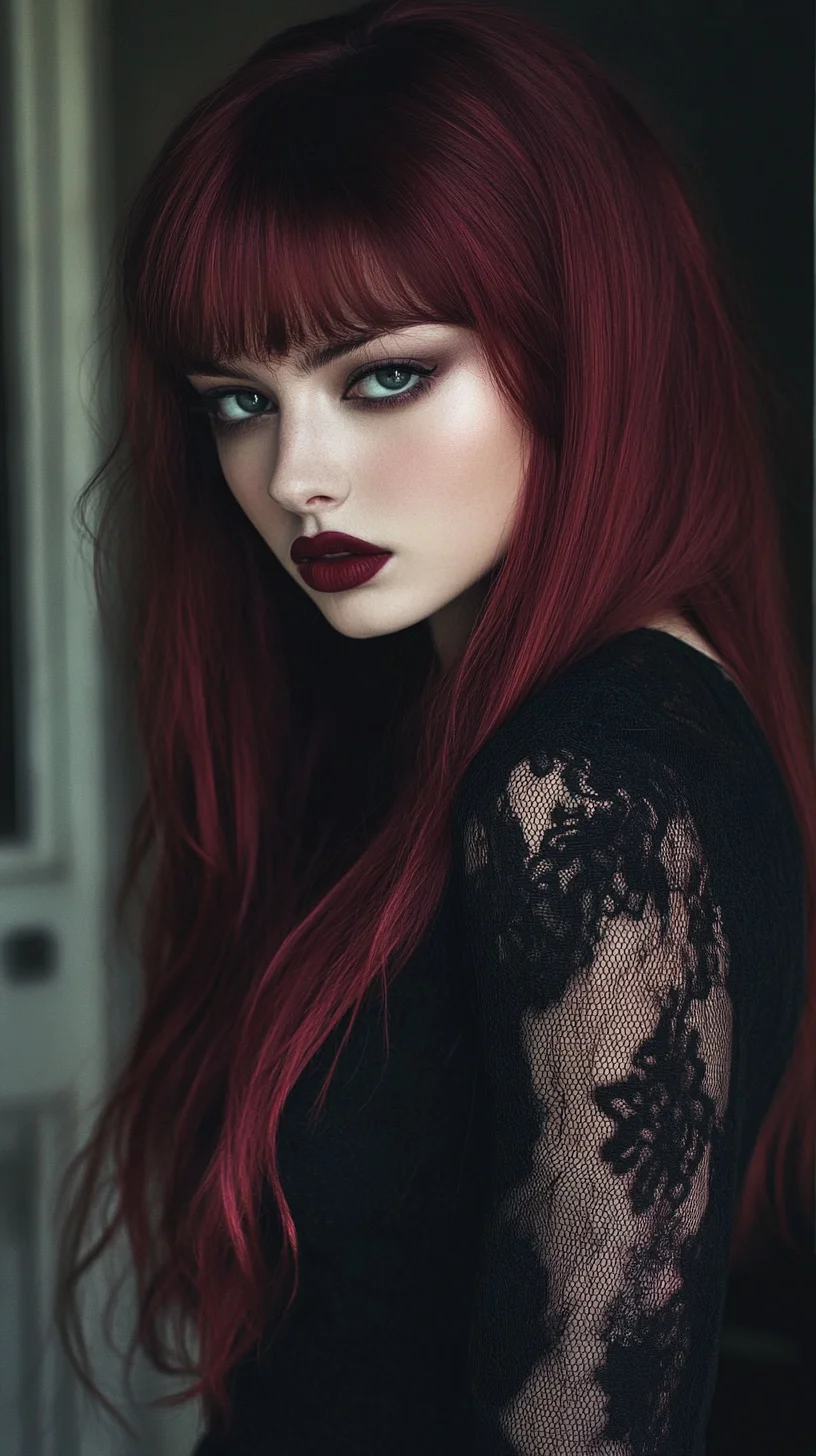 Bold Burgundy Waves with Chic Bangs for a Striking Look