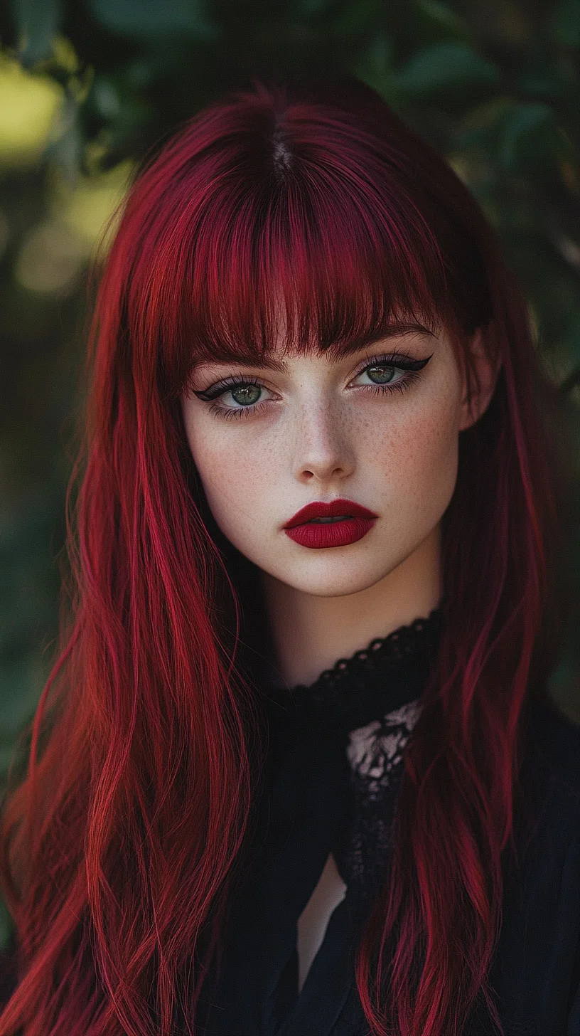 Bold Red Elegance: Long Hair with Chic Bangs for Stunning Impact