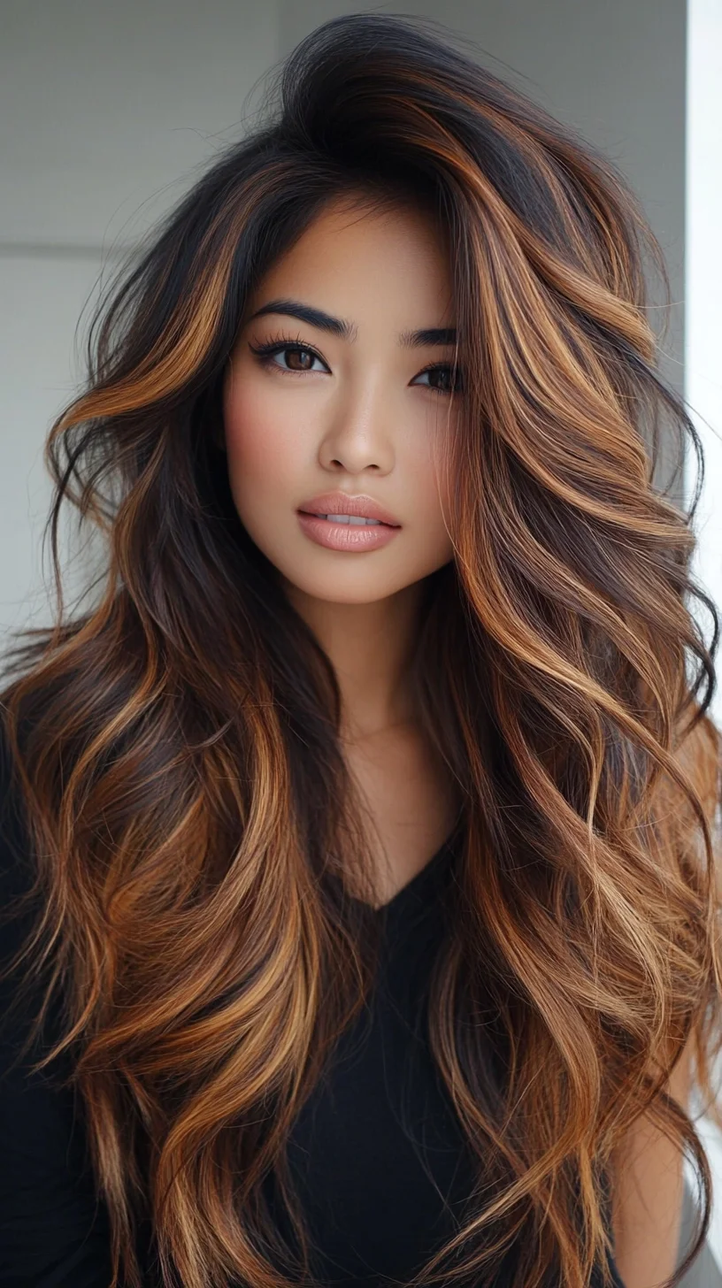 Effortless Glam: Voluminous Waves with Rich Caramel Highlights