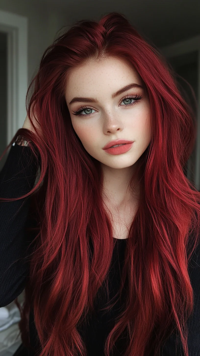 Effortlessly Bold: Long, Luscious Red Waves for a Captivating Look