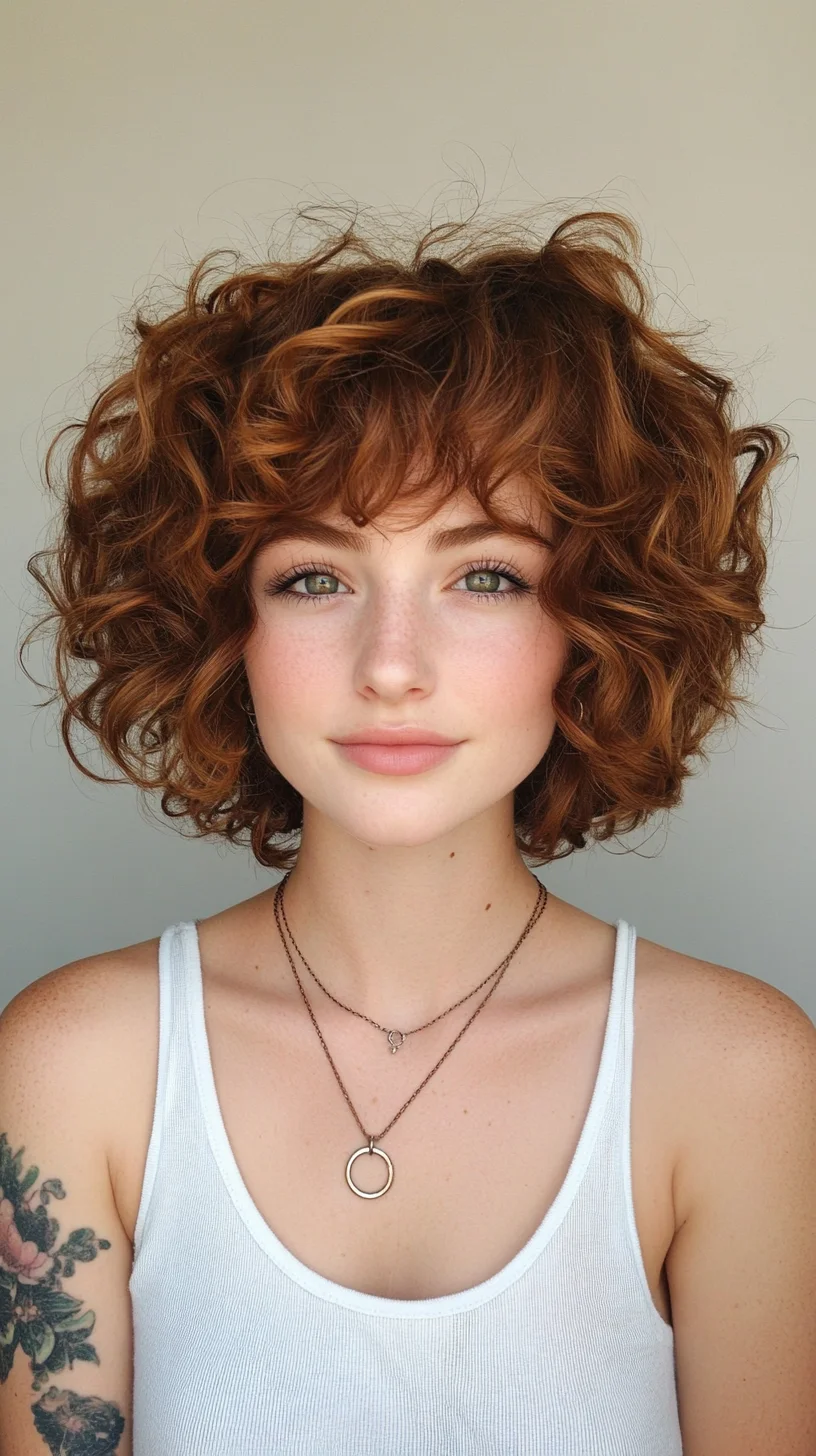 Effortlessly Chic: Playful Curly Bob with Soft Bangs