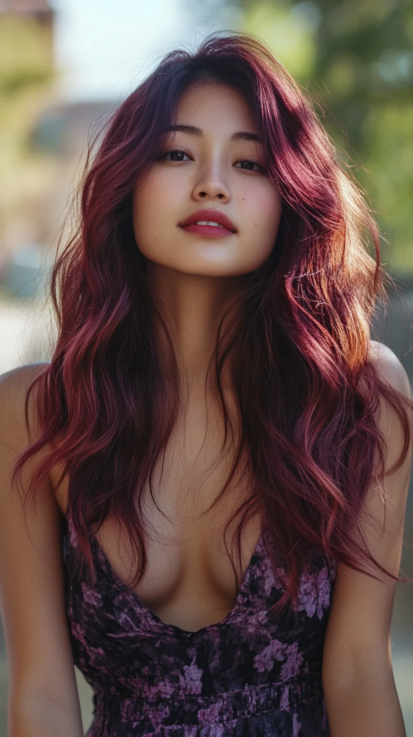 Effortlessly Elegant: Embrace Lush, Wavy Locks with Rich Burgundy Highlights