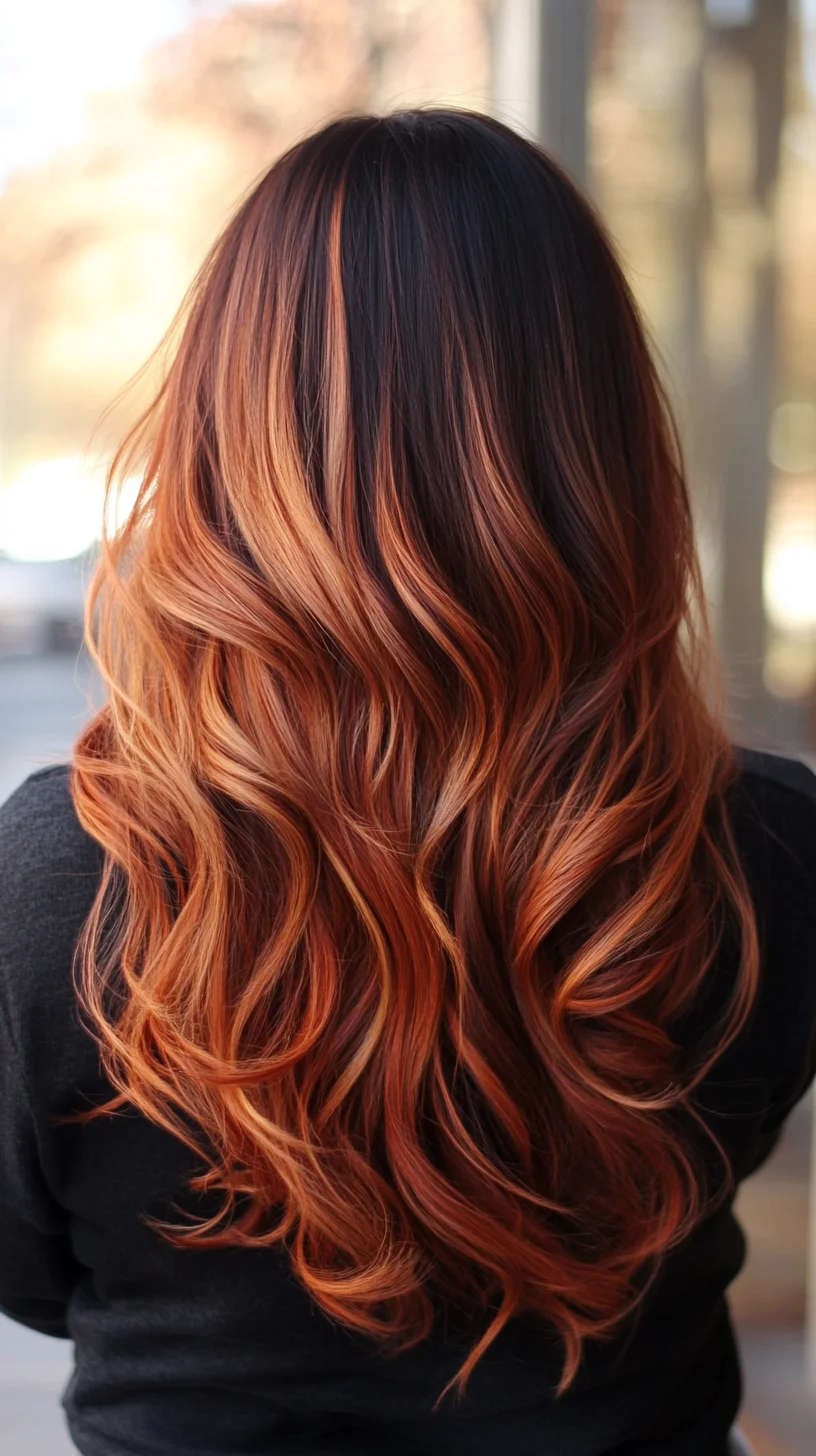 Effortlessly Glamorous: Long, Luscious Waves with Stunning Cinnamon Highlights