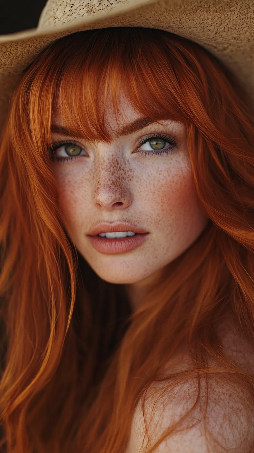 Effortlessly Romantic: Long, Wavy Red Hair with Face-Framing Bangs