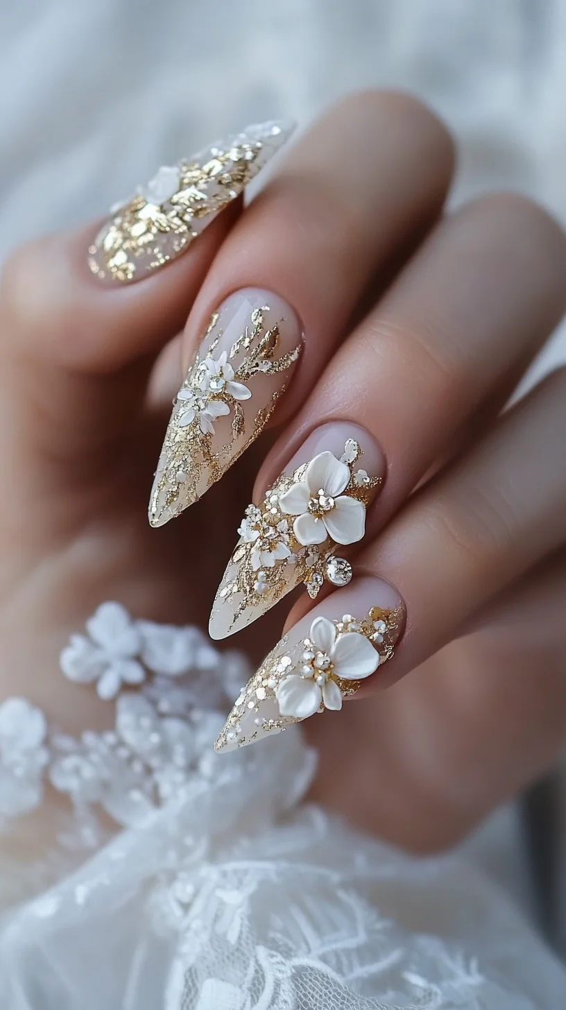 Elegant Floral Fantasy: Stunning Almond-Shaped Nails with Gold Accents