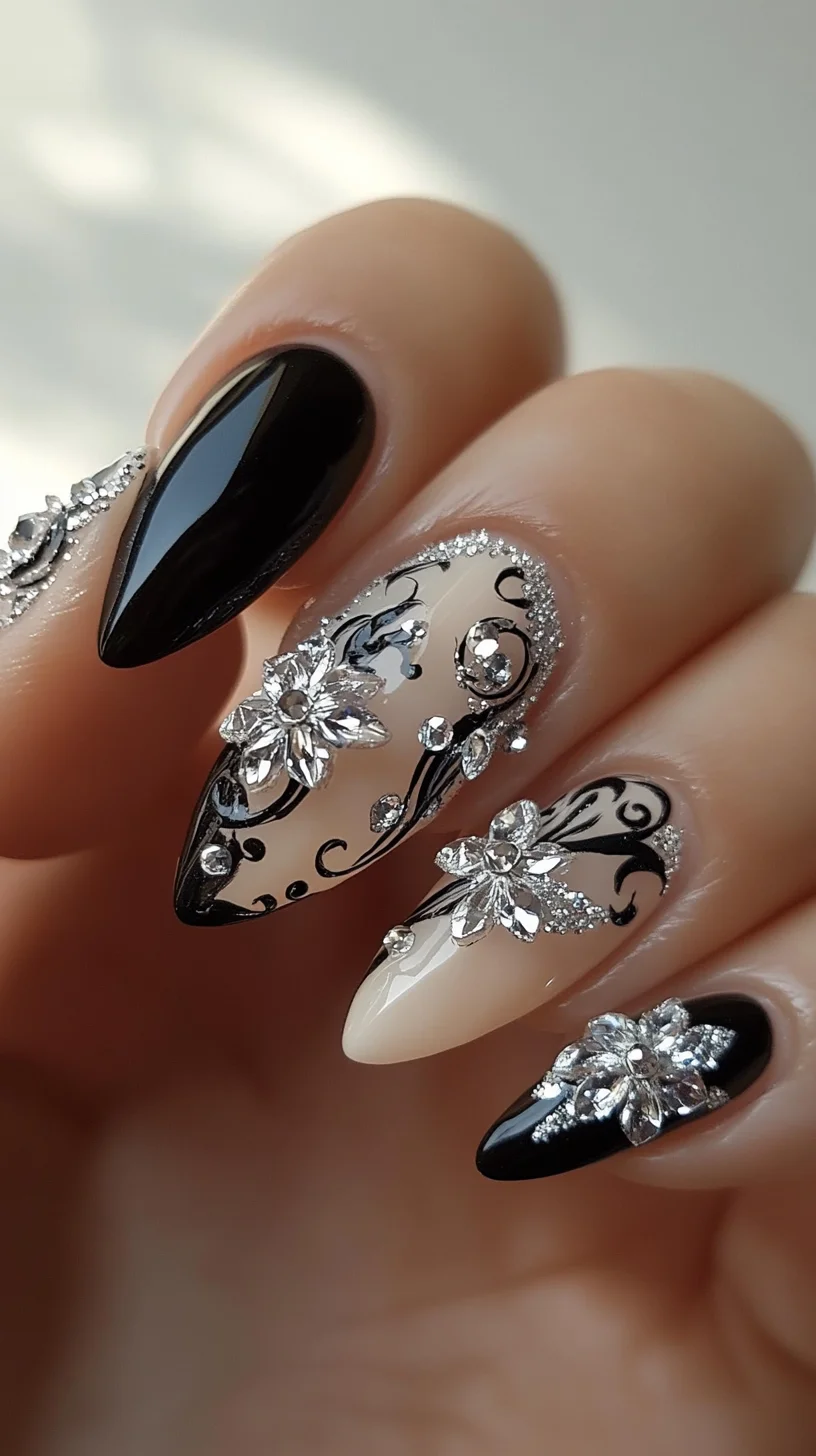 Elegant Stiletto Nails: A Glamorous Blend of Black and White Flourish