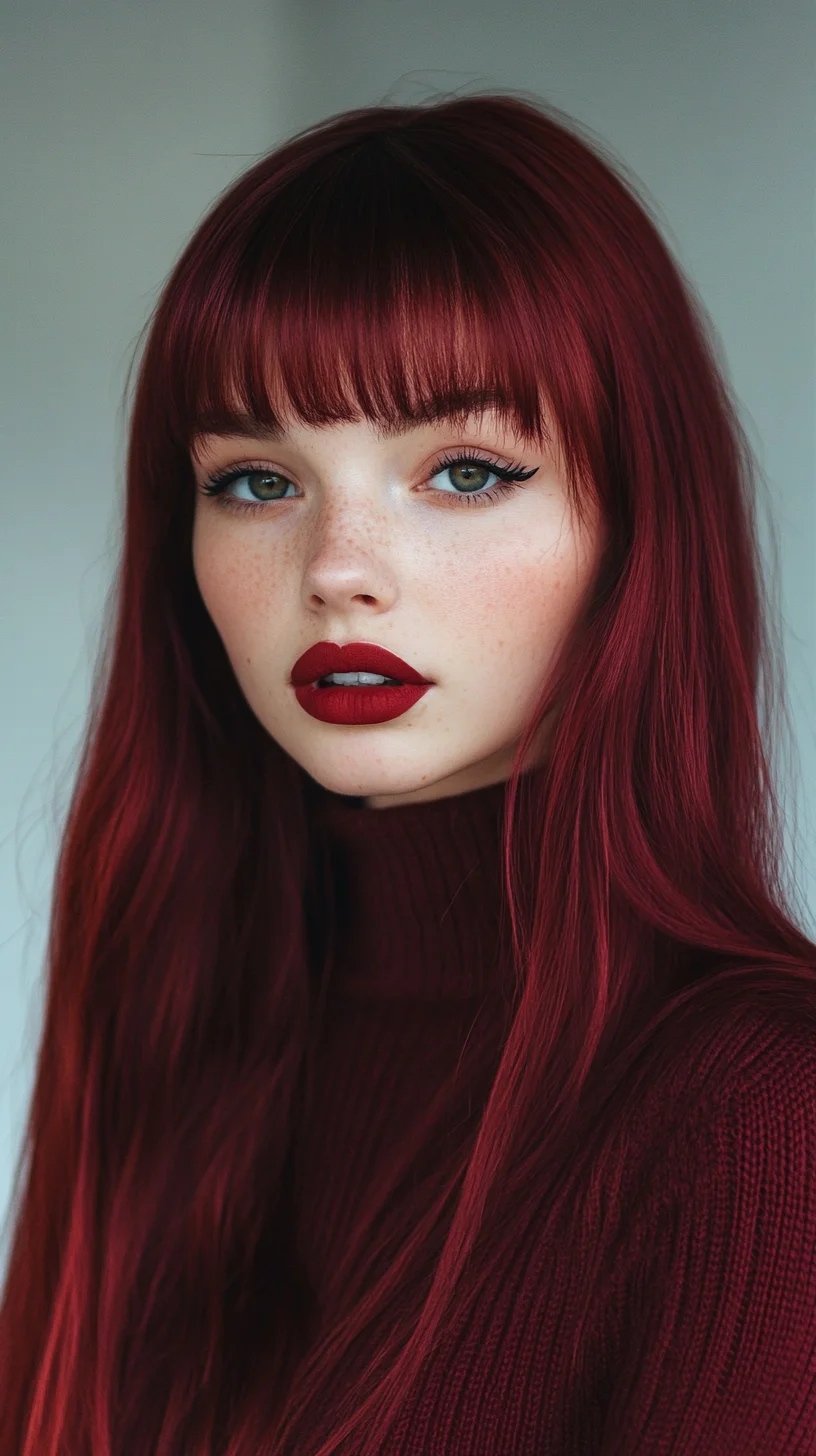 Embrace the Bold: Long, Vibrant Red Hair with Chic Bangs