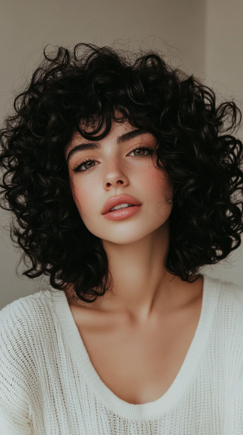 Embrace the Boldness: Effortless Curly Shag with Playful Bangs