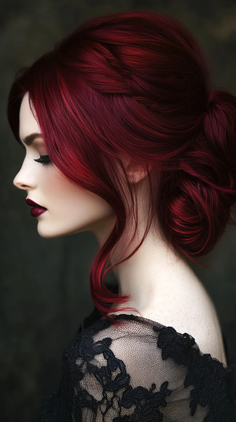 Modern Romantic Updo: Effortless Elegance with Luscious Red Tones