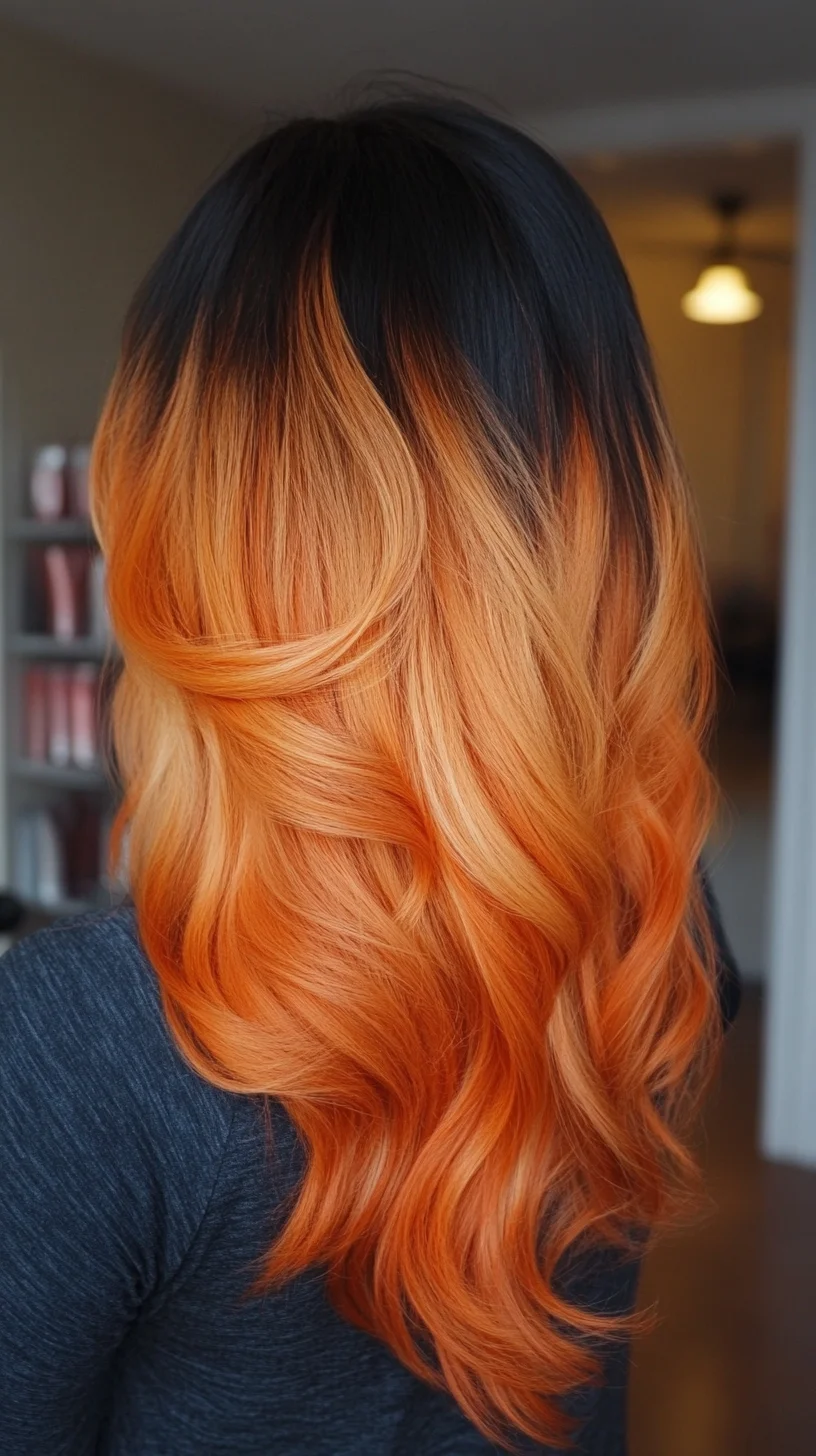 Radiant Ombre Waves: A Fiery Blend of Black and Sunset Orange