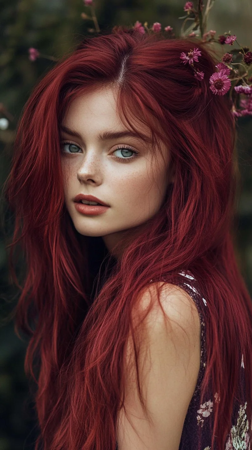 Vibrant Red Waves with Floral Accents: A Striking Boho Hairstyle